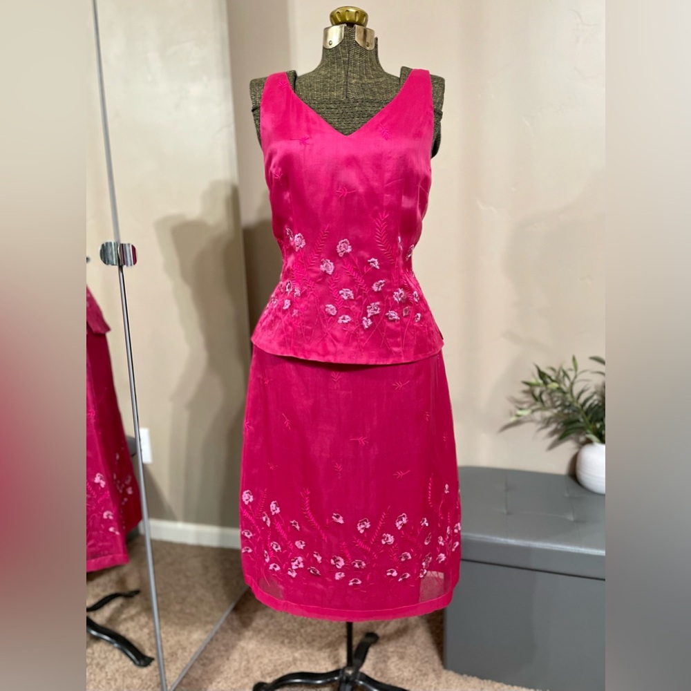 Vintage Y2K Dana Buchman Hot Pink Silk Embroidered Formal Dress Set 2 Piece